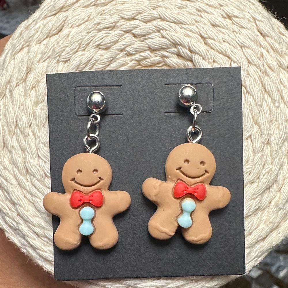 Gingerbread Man Earrings with Red Bow Tie